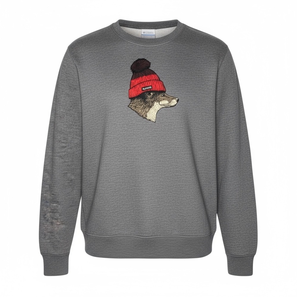 Vintage Graphic Columbia Crewneck Sweatshirt Gray Wolf in Beanie Boys Girls Kids